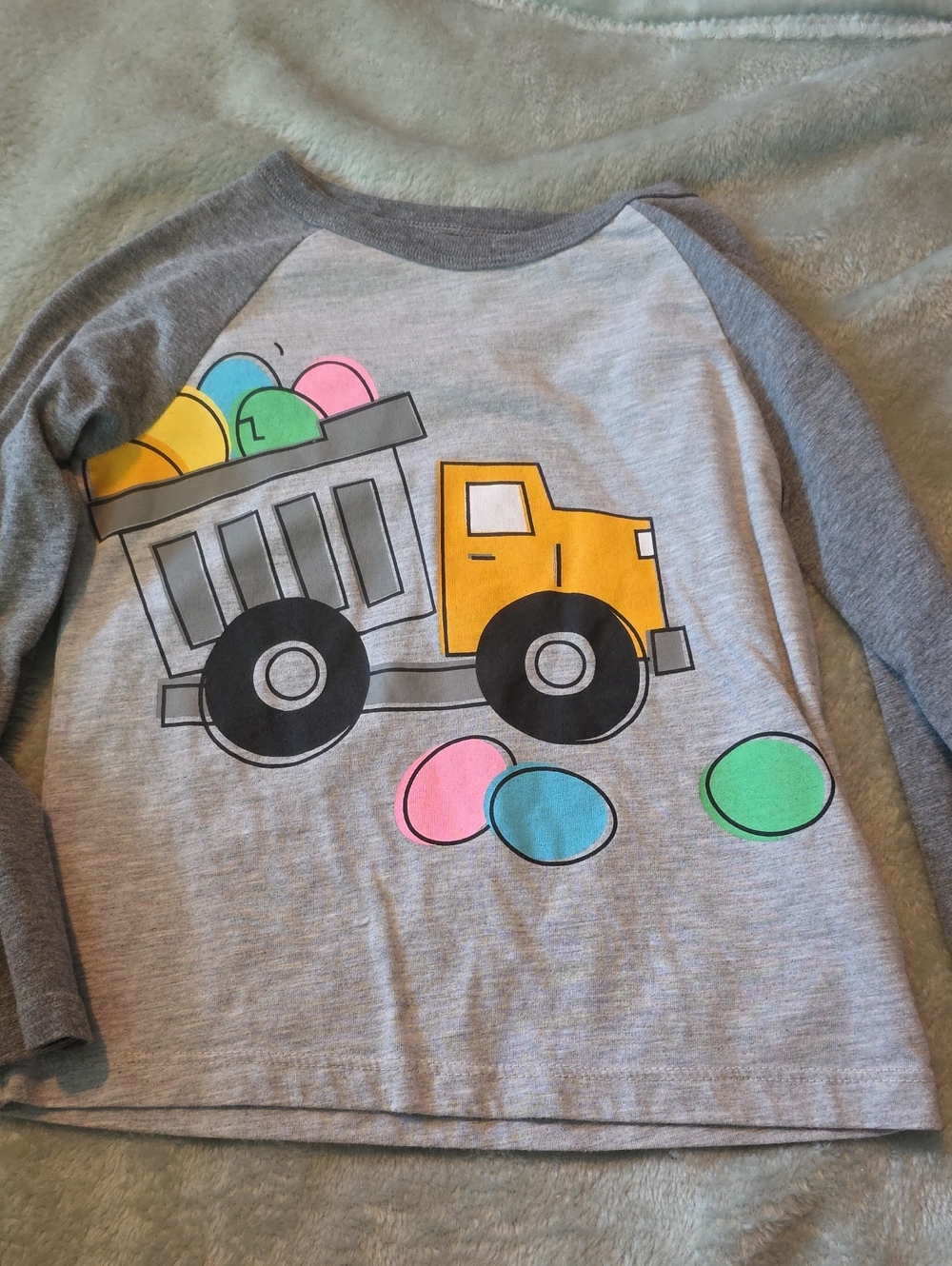 Othr Gray Raglan Long Sleeve Tee with Yellow Dump Truck and Pastel Eggs